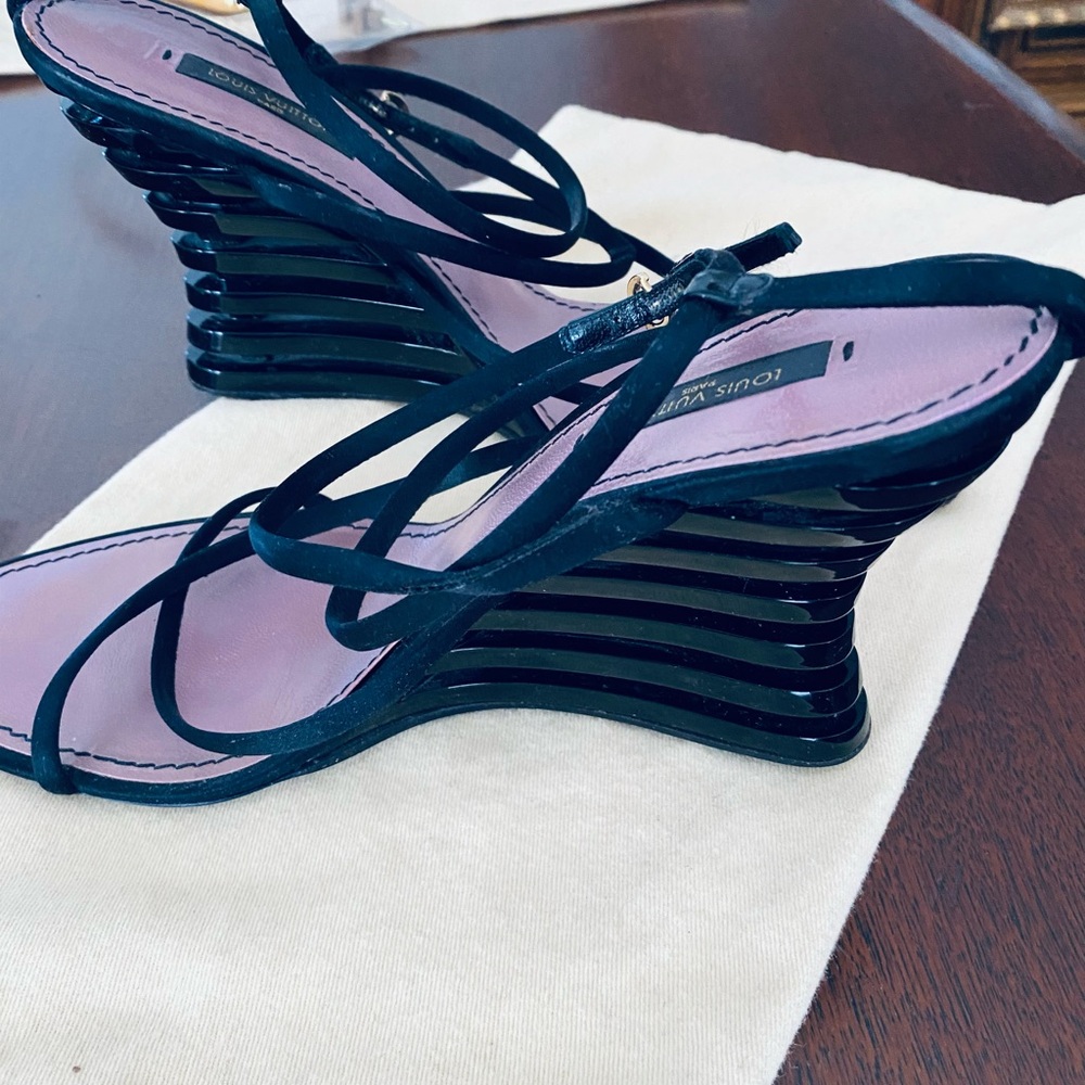 Louis Vuitton Black Strappy Wedge Sandals